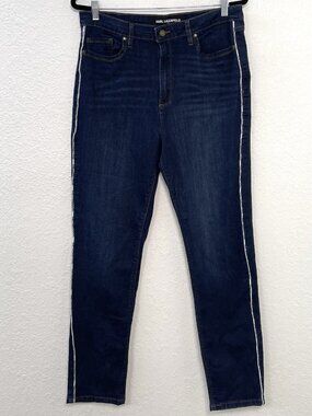 KARL LAGERFELD Womens 16 Dark Wash Stretch Denim Blue JEANS Spell-Out Piping EUC